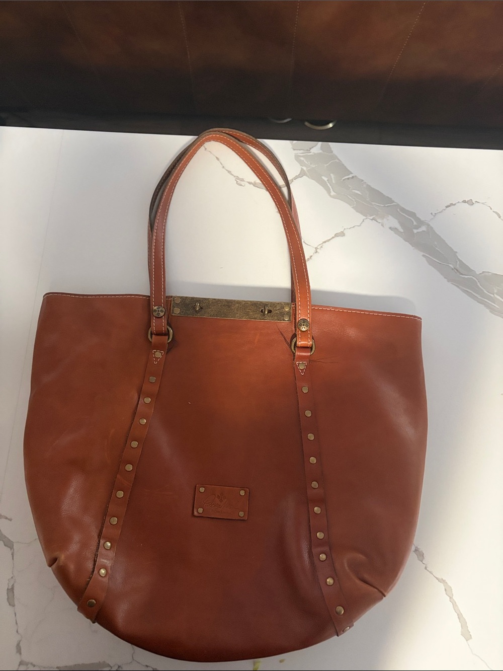 Patricia Nash Cognac Leather Studded Tote
